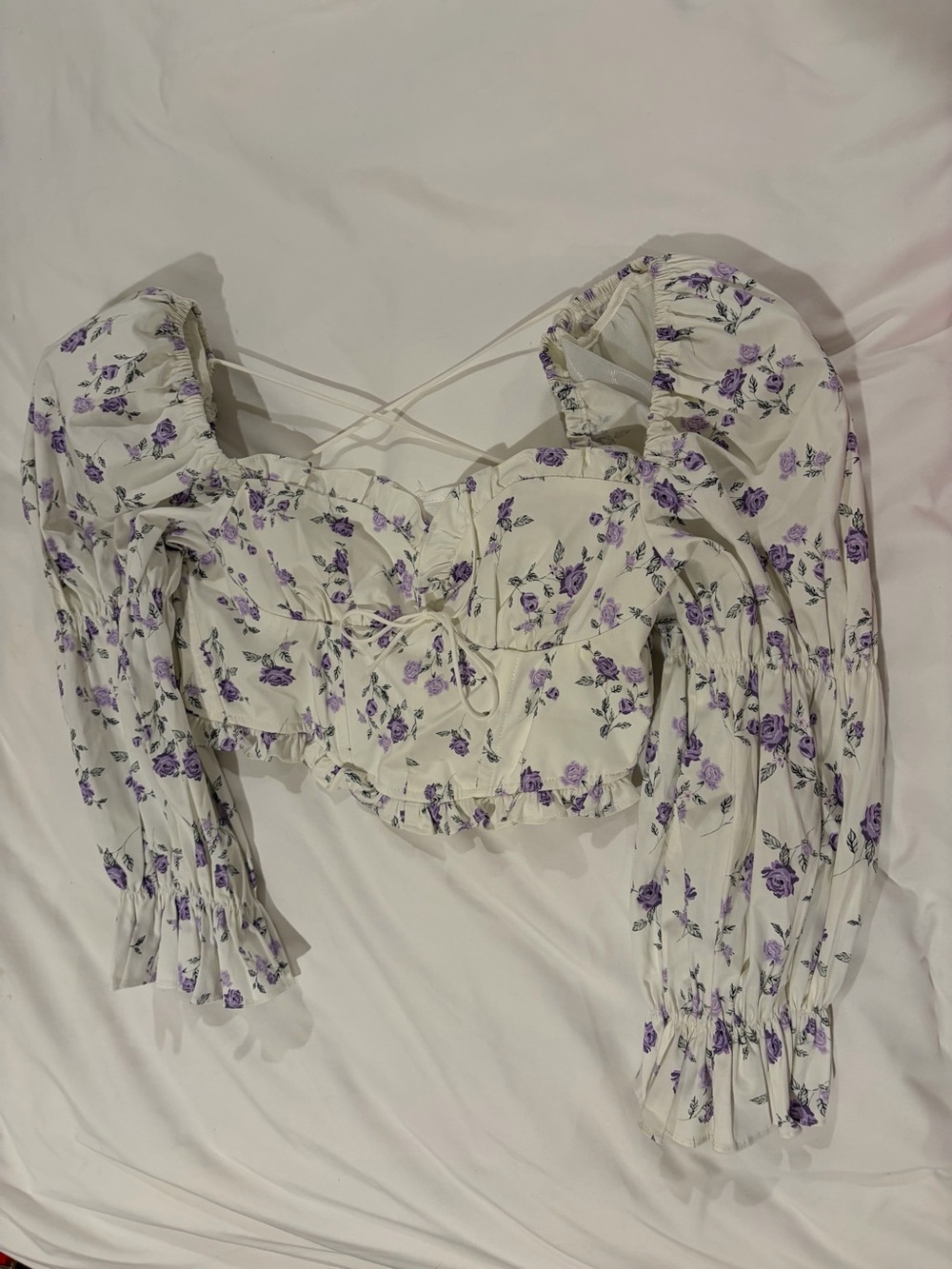 For Love & Lemons Cream Floral Puff Sleeve Crop Top with Purple Roses